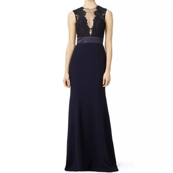 Theia Sheath Gown Maxi Blue Lace Ribbon Waistline Evening Formal Size 2 Wedding - Picture 1 of 9